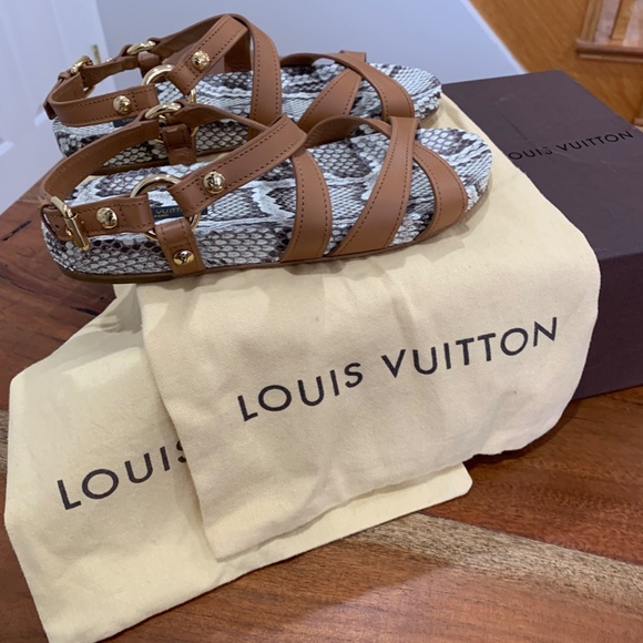 Louis Vuitton Python Sandals tan brown 36 6 snakeskin leather LV gold logo strap - Picture 8 of 16